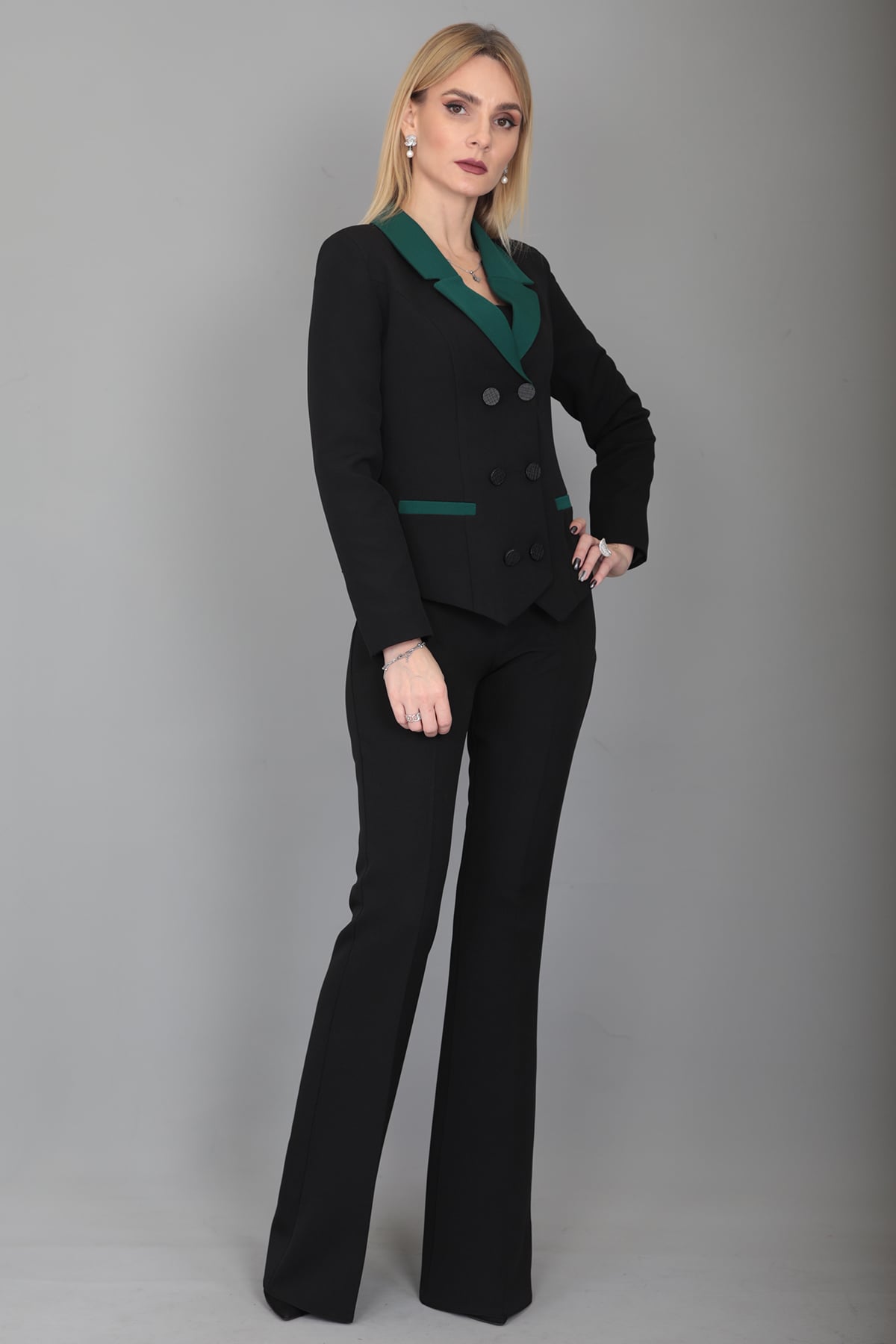 Garnili Ceket & İspanyol Paça Pantolon Takım-Zümrüt
