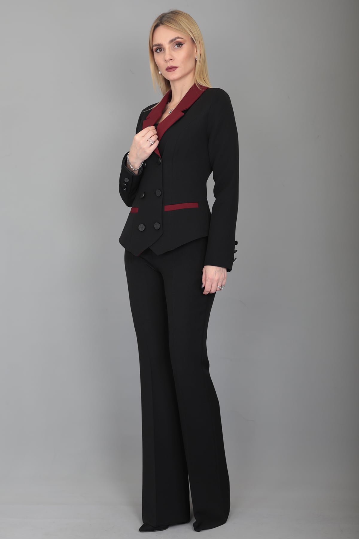 Garnili Ceket & İspanyol Paça Pantolon Takım-Bordo