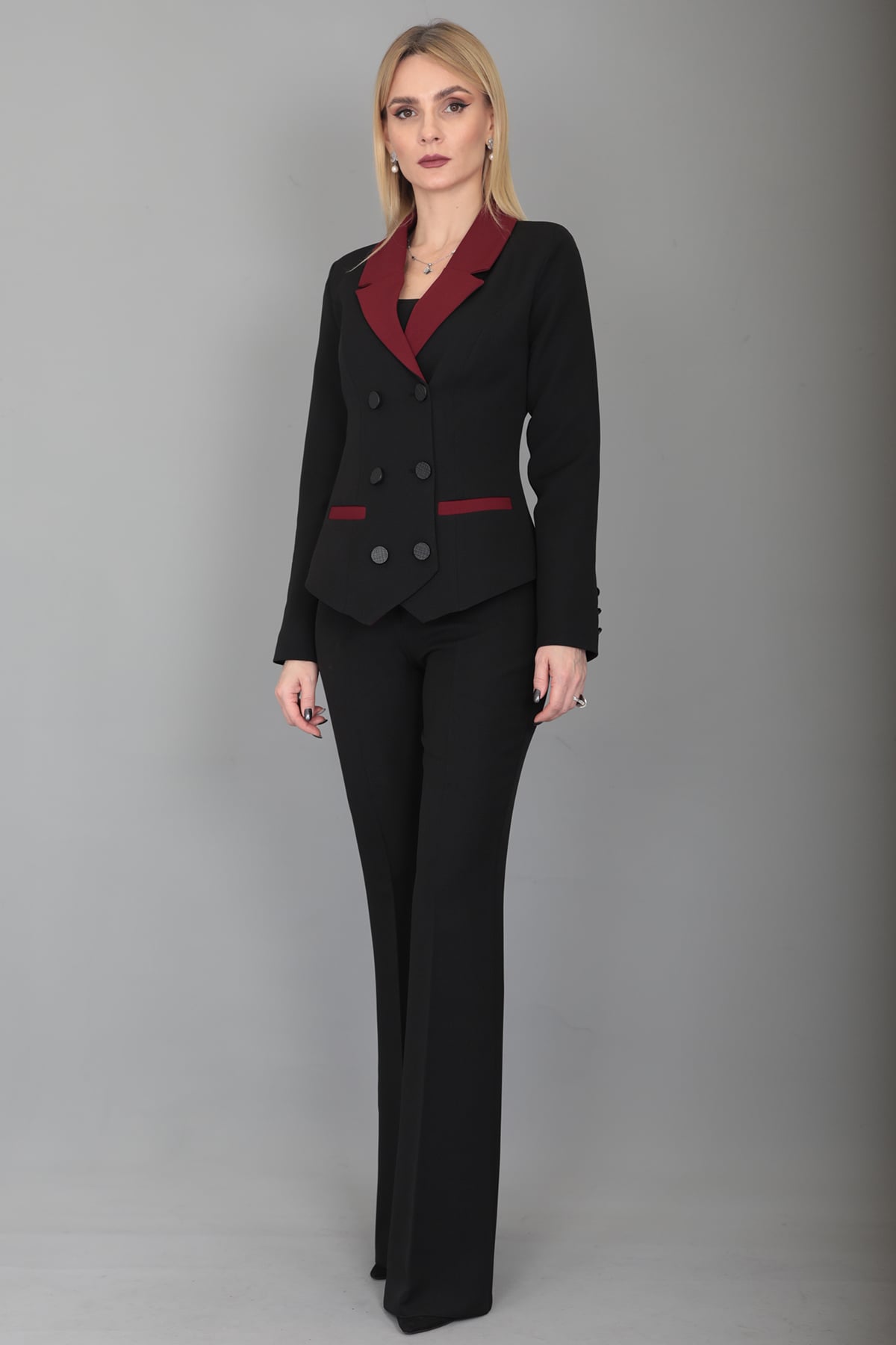 Garnili Ceket & İspanyol Paça Pantolon Takım-Bordo