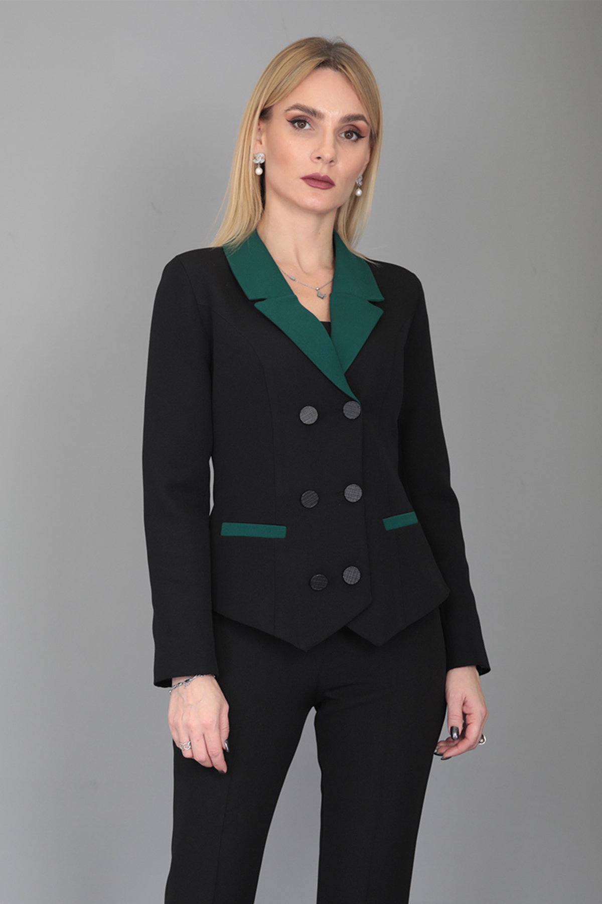 Erkek Yaka Kuruvaze Konbin Renkli  Ceket-Zümrüt