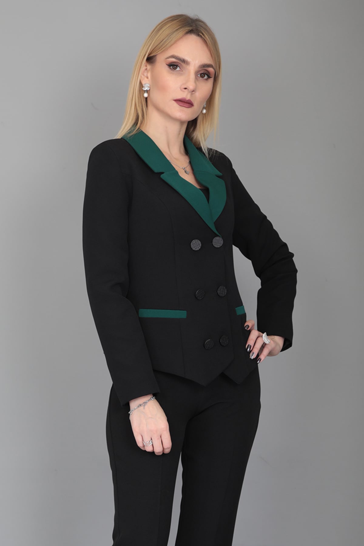 Erkek Yaka Kuruvaze Konbin Renkli  Ceket-Zümrüt