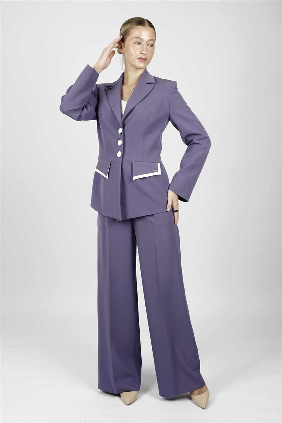 Garnili Erkek Yaka  Modelli Ceket & Cepli Klasik Palazzo Kadın Pantolon-Lila - 1193522