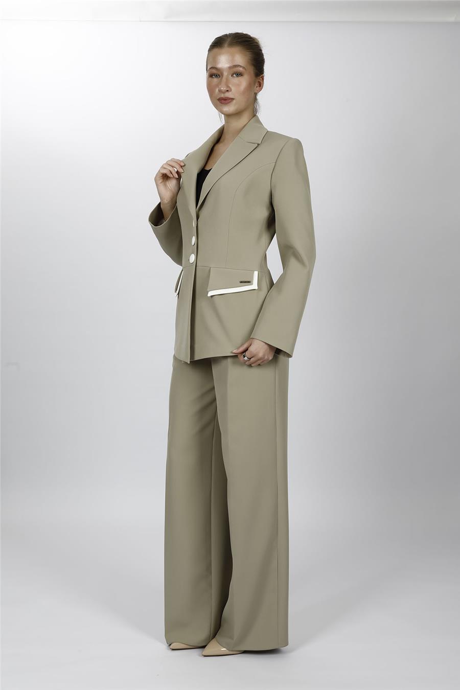 Garnili Erkek Yaka  Modelli Ceket & Cepli Klasik Palazzo Kadın Pantolon-Bambu - 1193522