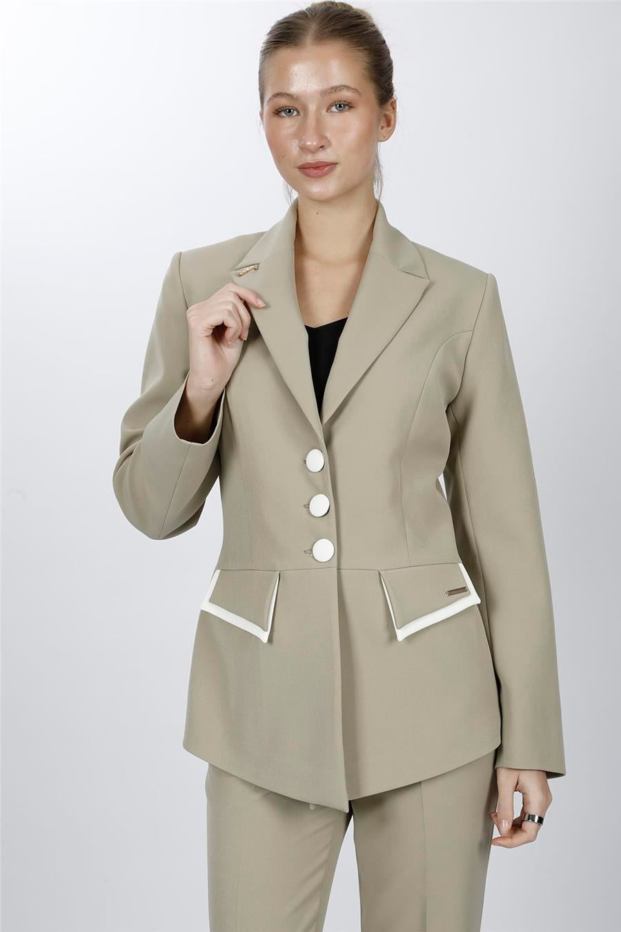 Garnili Erkek Yaka Modelli Kadın Ceket-Bambu - 1193100