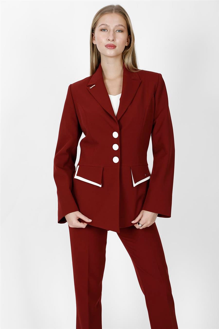 Garnili Erkek Yaka Modelli Kadın Ceket-Bordo - 1193100