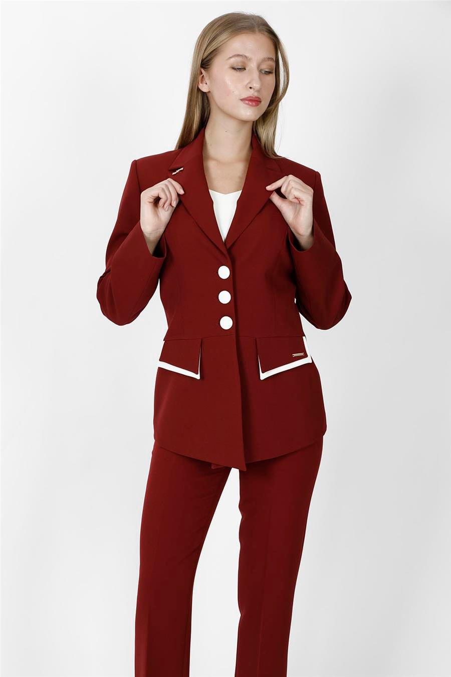 Garnili Erkek Yaka Modelli Kadın Ceket-Bordo - 1193100