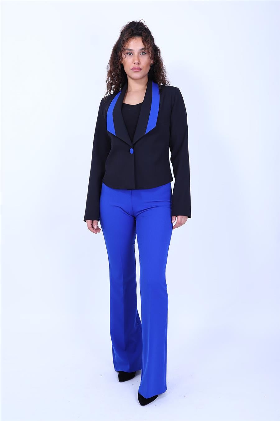 Garnili Klasik Modern Ceket & Lastikli İspanyol paça Pantolon Kadın Takım Elbise-Saks