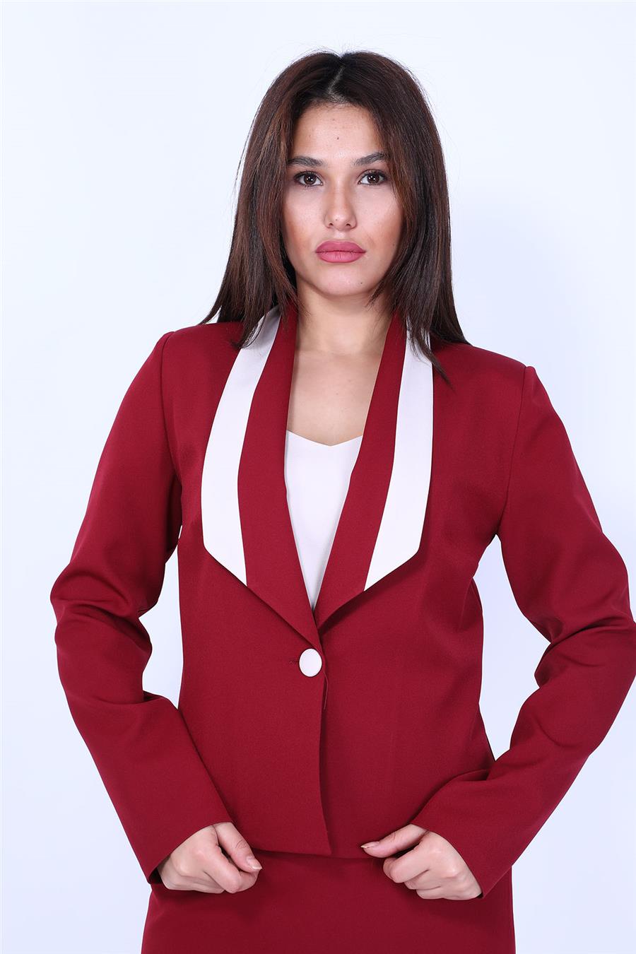 Garnili Klasik Modern Ceket & Mini Yırtmaçlı Kısa Dar Etek Kadın Takım Elbise-Bordo