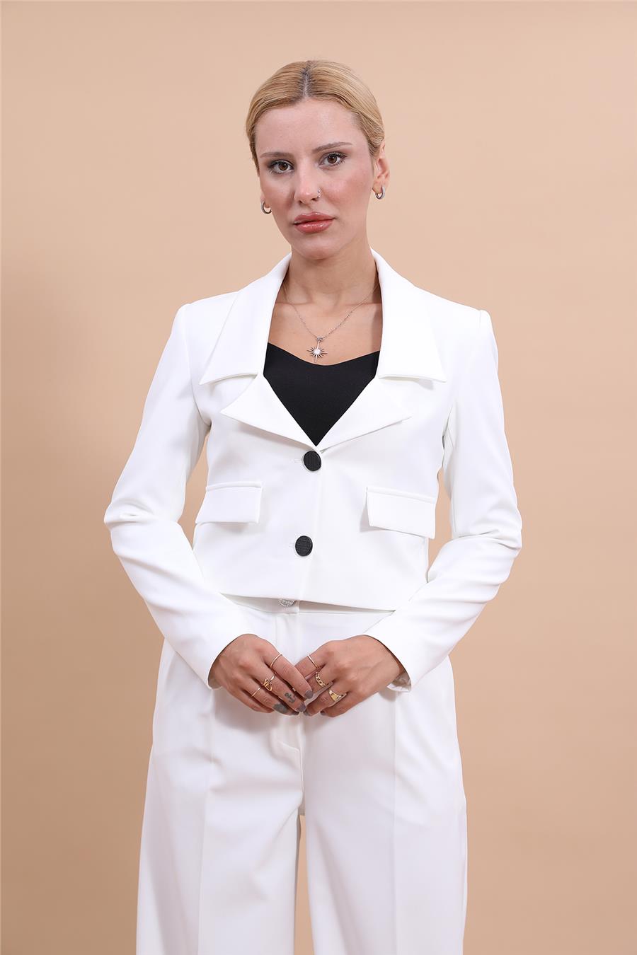 Gömlek Yaka Kısa Ceket-Beyaz