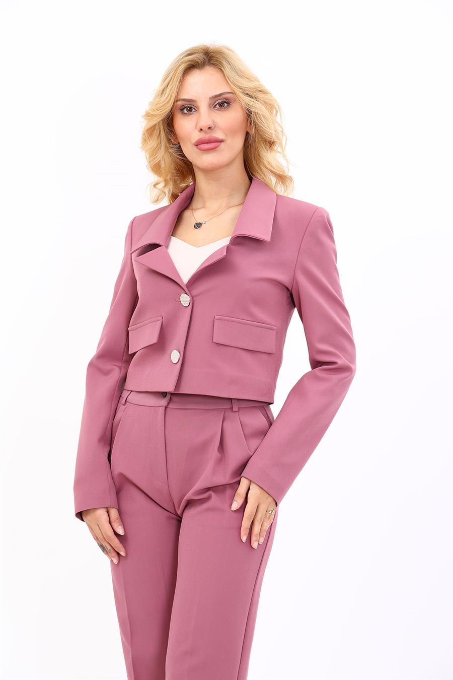Gömlek Yaka Kısa Ceket-Rose