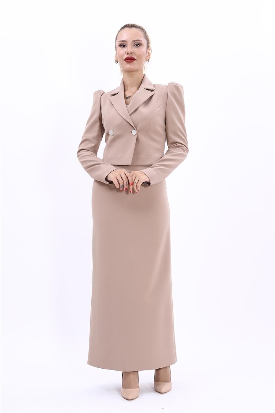 Gömlek Yaka Kısa Ceket & Uzun Düz Dar Etek-Taş - 1057553