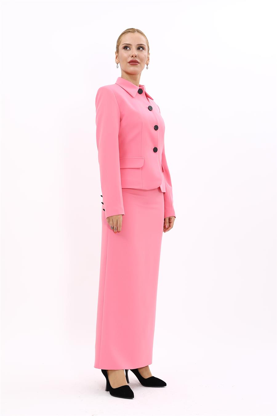 Gömlek Yaka Klasik Ceket & Uzun Düz Dar Etek-Pembe - 1054553
