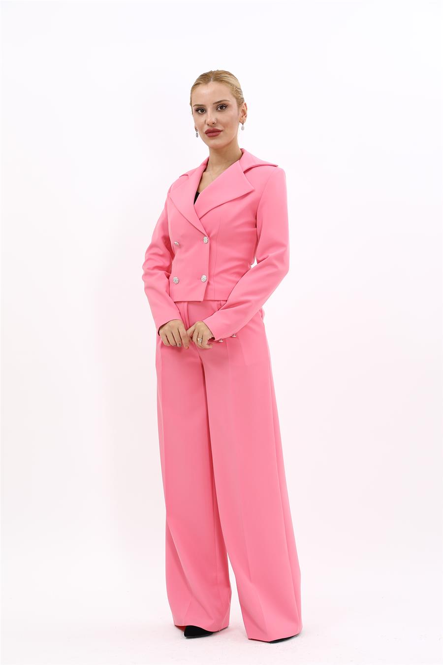Gömlek Yaka Kuruvaze Kısa Ceket &  Korsaj Kemer Palazzo Pantolon-Pembe