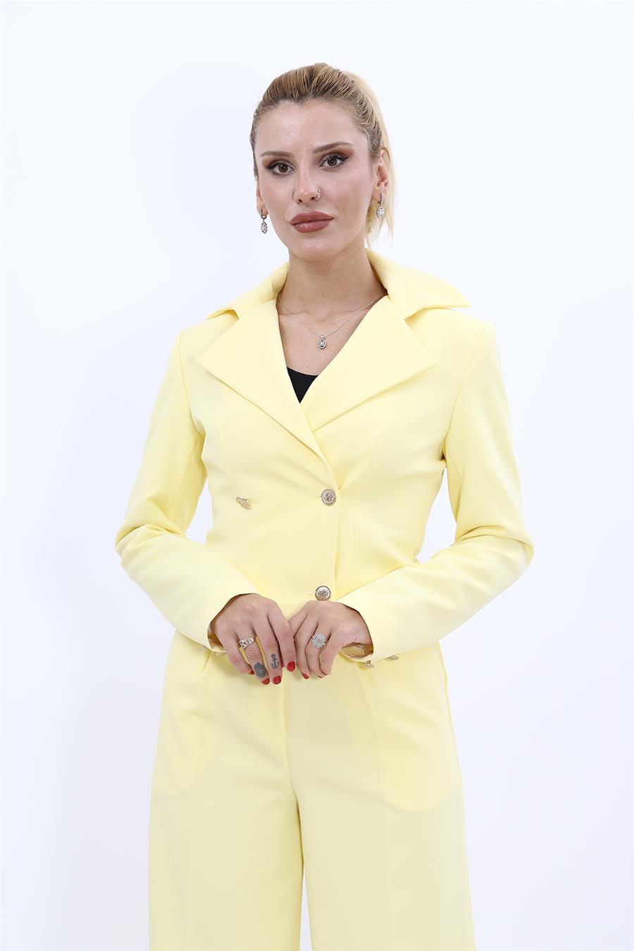 Gömlek Yaka Kuruvaze Kısa Ceket-Sarı