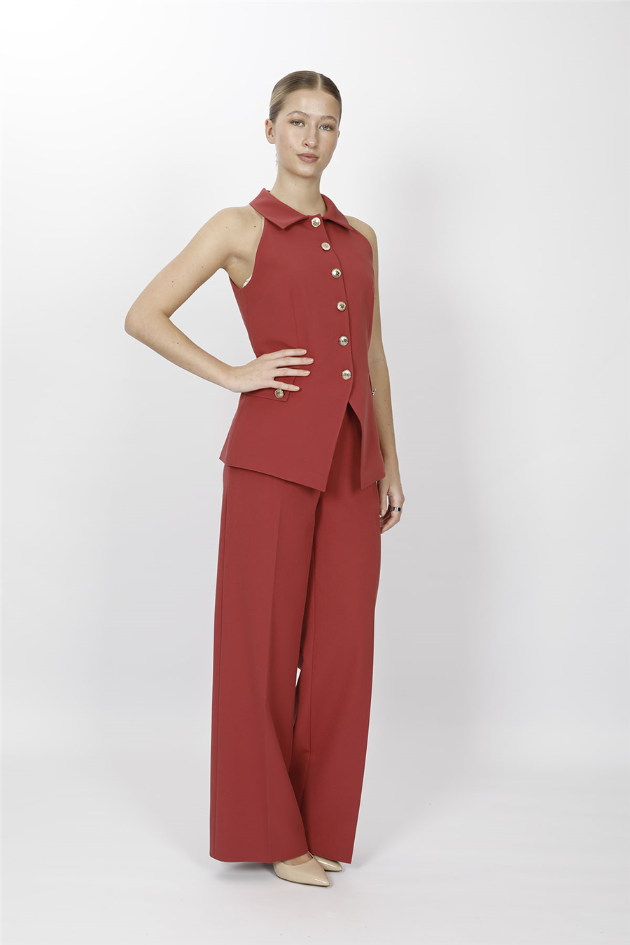 GÖMLEK YAKA MODELLİ YELEK TAKIM 1535522-Kiremit
