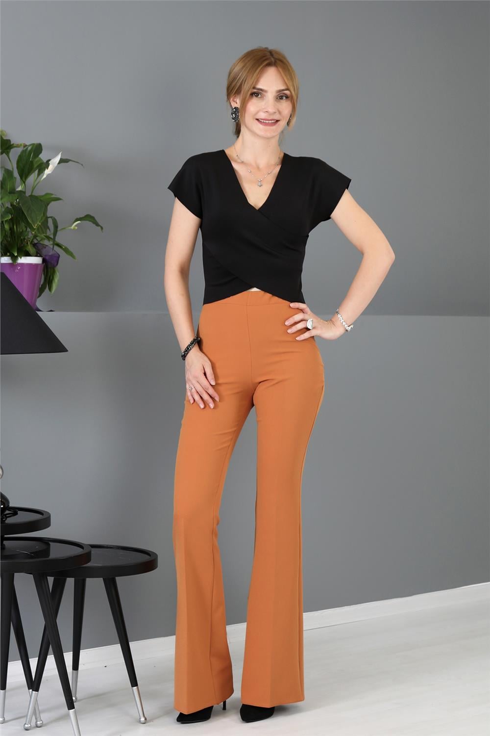 İspanyol Paça Pantolon-Taba