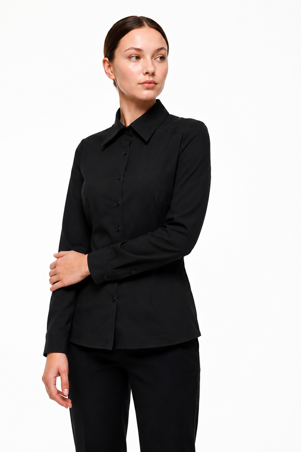 Kadın Slim Fit Dar Kesim Vucuda Oturan Uzun Kollu Basic Gömlek 3528100-Siyah - 3528100
