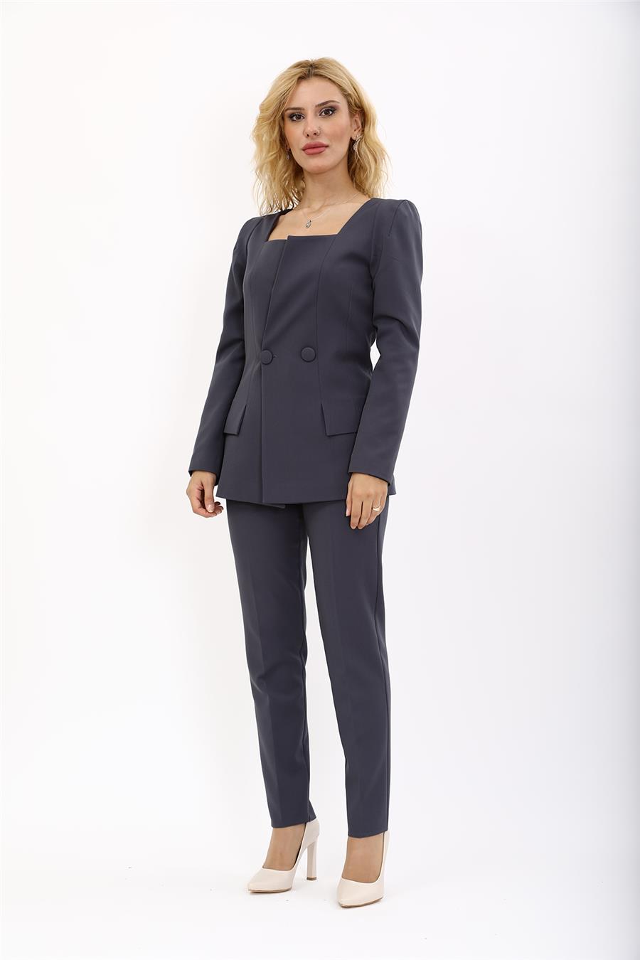 Kare Yaka Ceket & Dar Paça Pantolon-Füme - 1075510