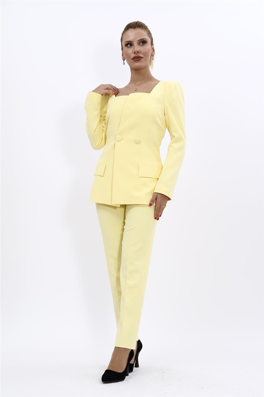 Kare Yaka Ceket & Dar Paça Pantolon-Sarı - 1075510