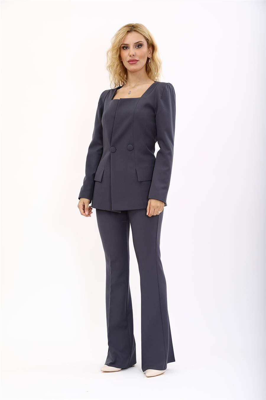 Kare Yaka Ceket & İspanyol Paça Pantolon-Füme - 1075530