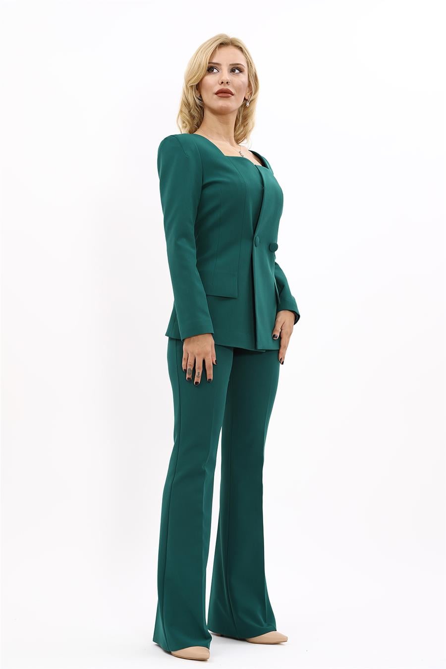 Kare Yaka Ceket & İspanyol Paça Pantolon-Zümrüt - 1075530