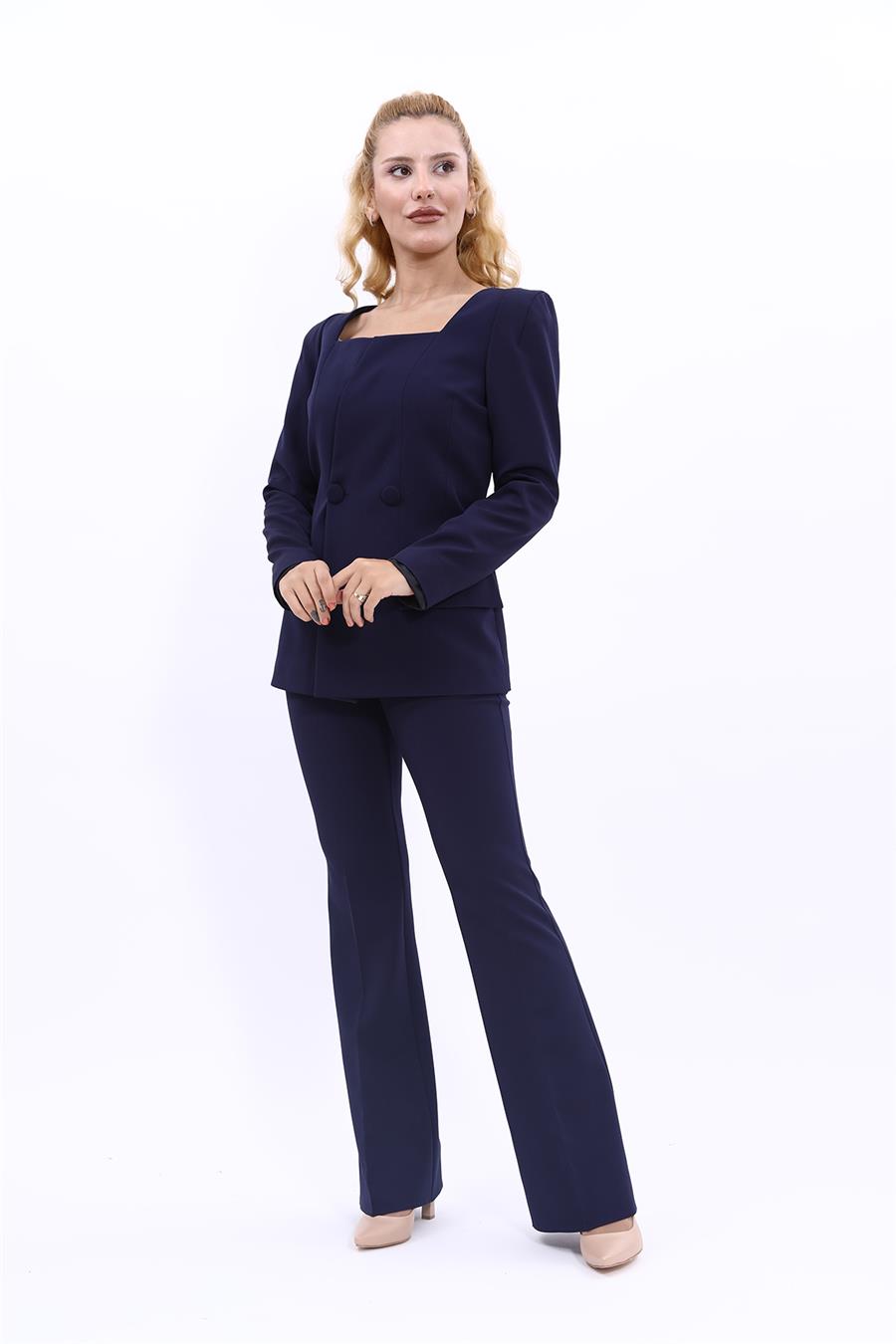 Kare Yaka Ceket & İspanyol Paça Pantolon-Lacivert - 1075530