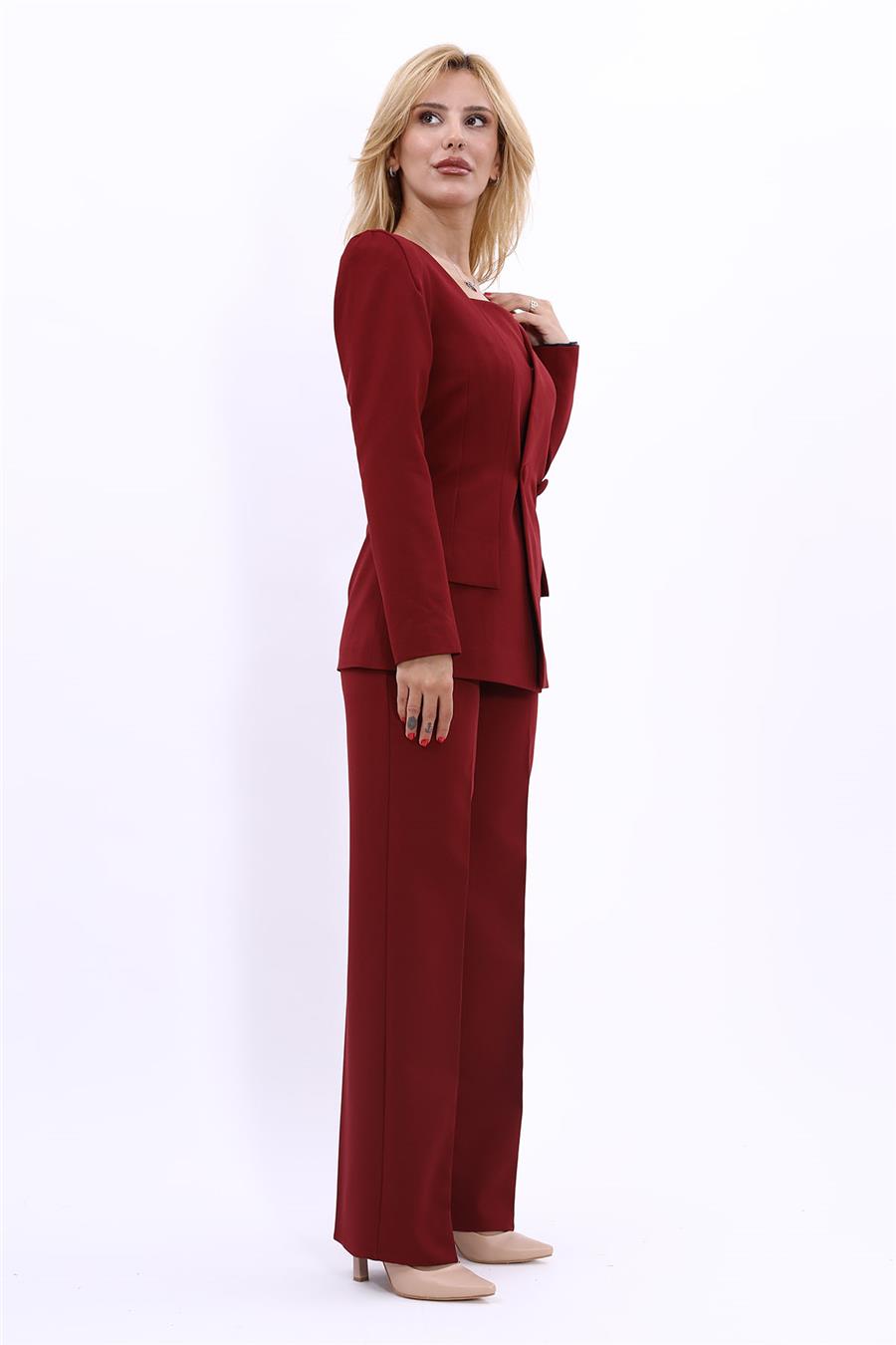 Kare Yaka Modern Ceket & Bol Paça Pantolon Kadın Takım Elbise-Bordo