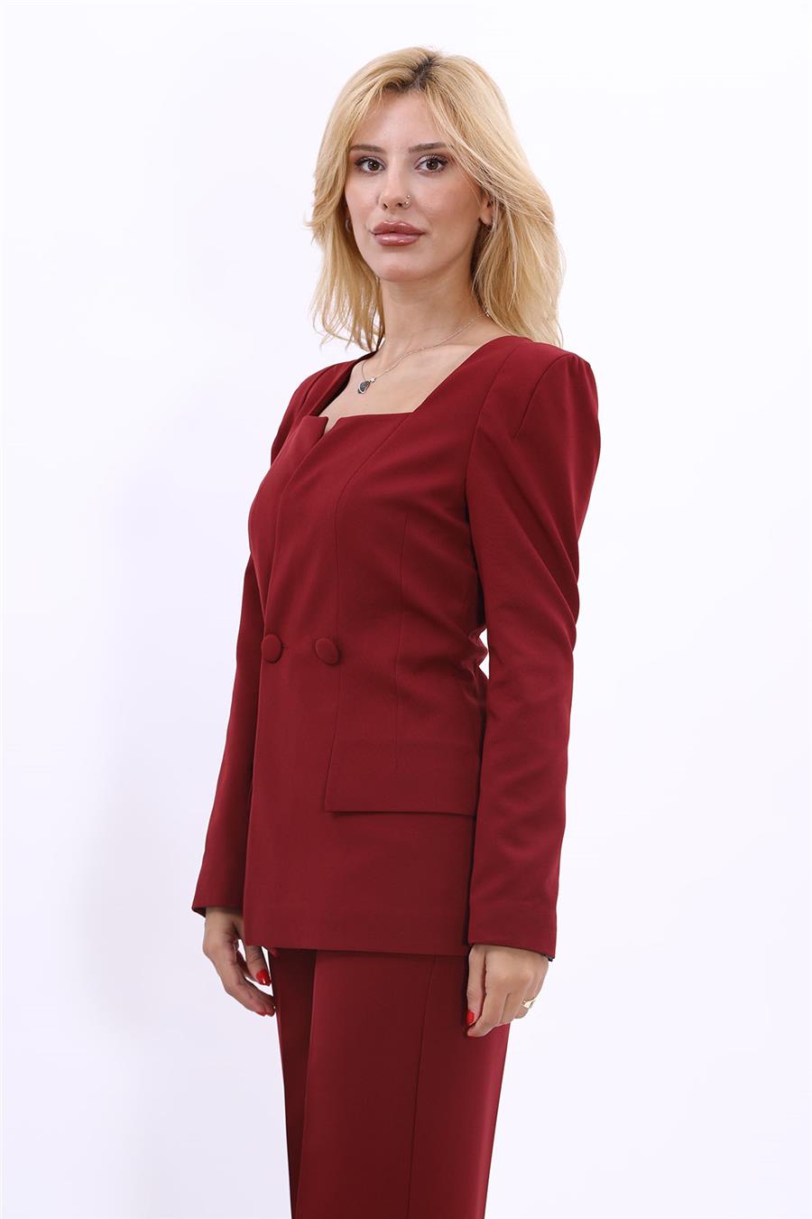 Kare Yaka Modern Kadın Ceket-Bordo