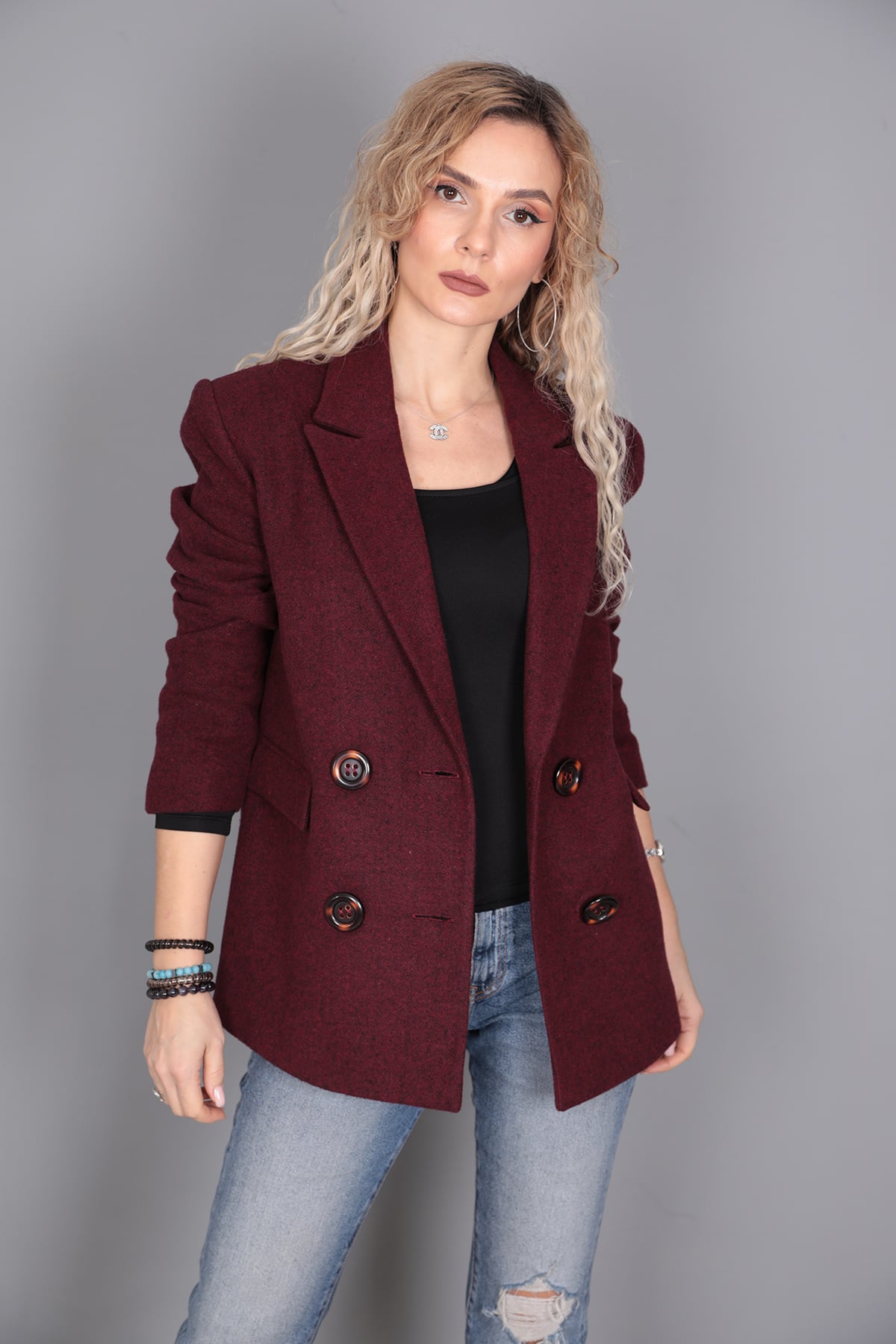 Kaşe Blazer Ceket-Bordo - 1067100