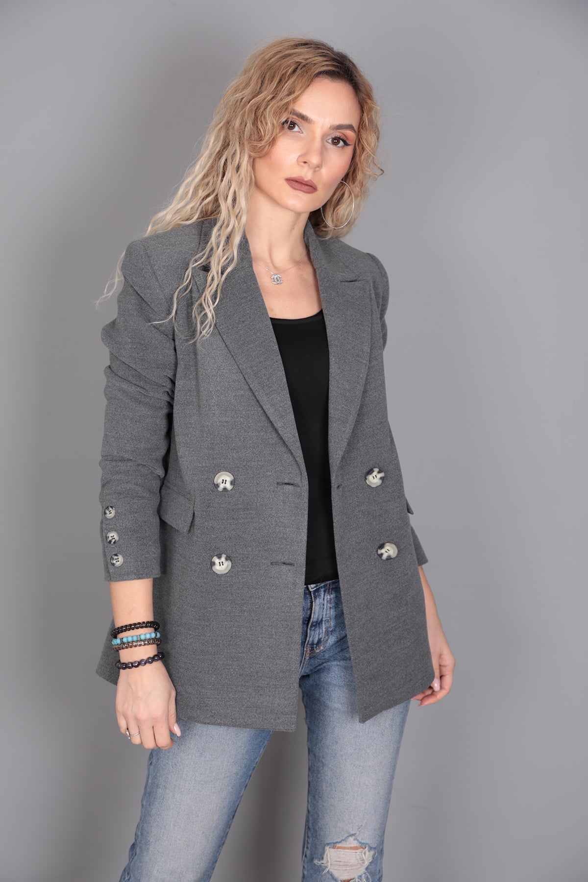 Kaşe Oversıze Blazer Ceket-Antrasit