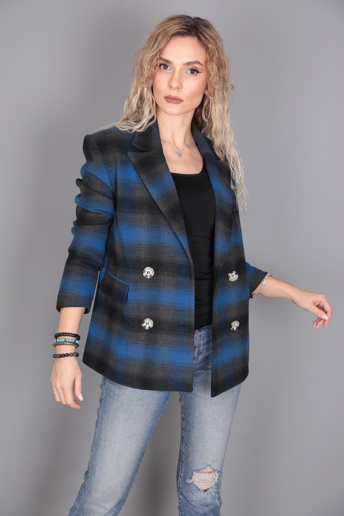 Kaşe Oversıze Blazer Ceket-İndigo