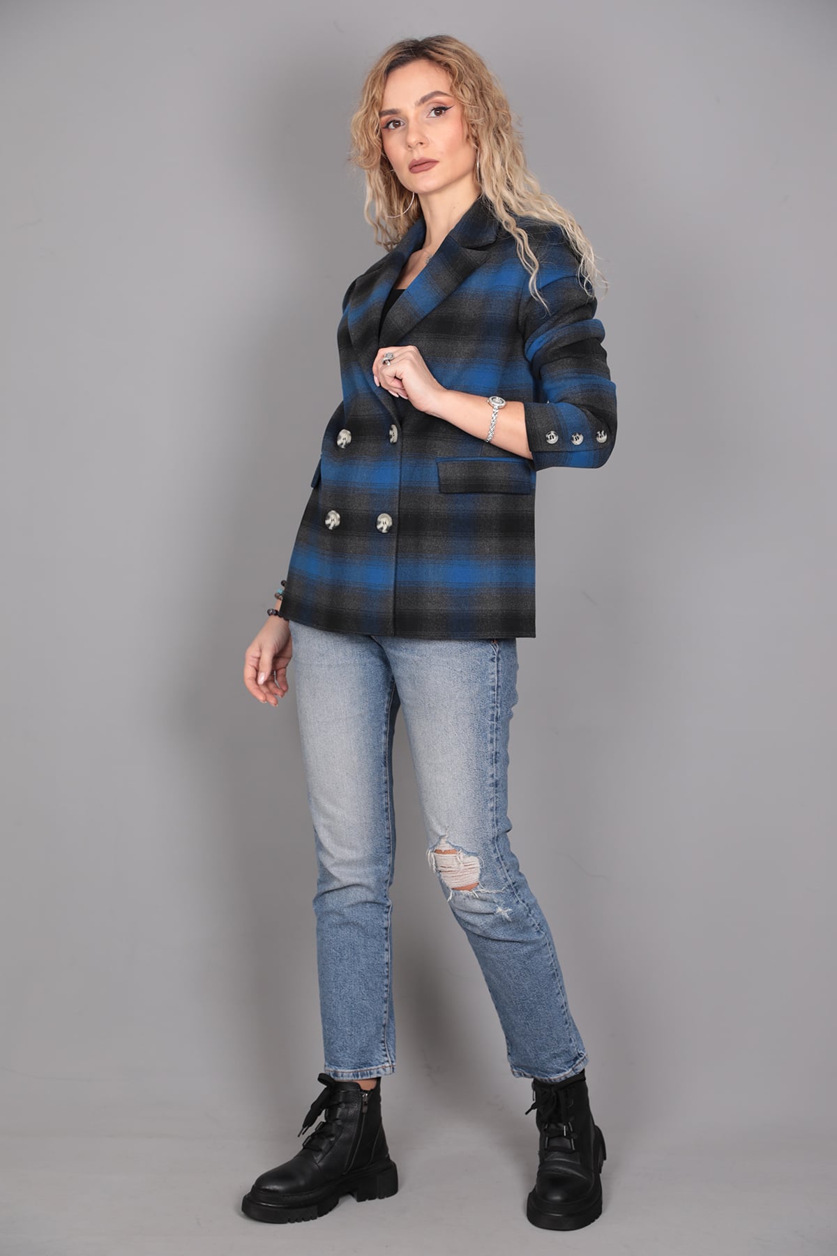 Kaşe Oversıze Blazer Ceket-İndigo