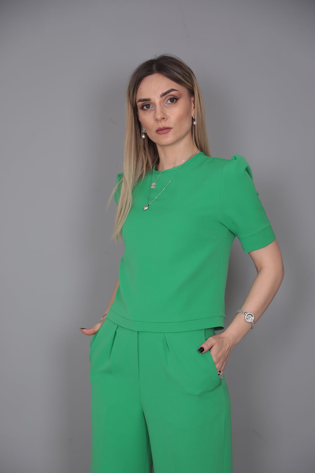 Kayık Yaka Kısa Kol Bluz-Yeşil - 3507100