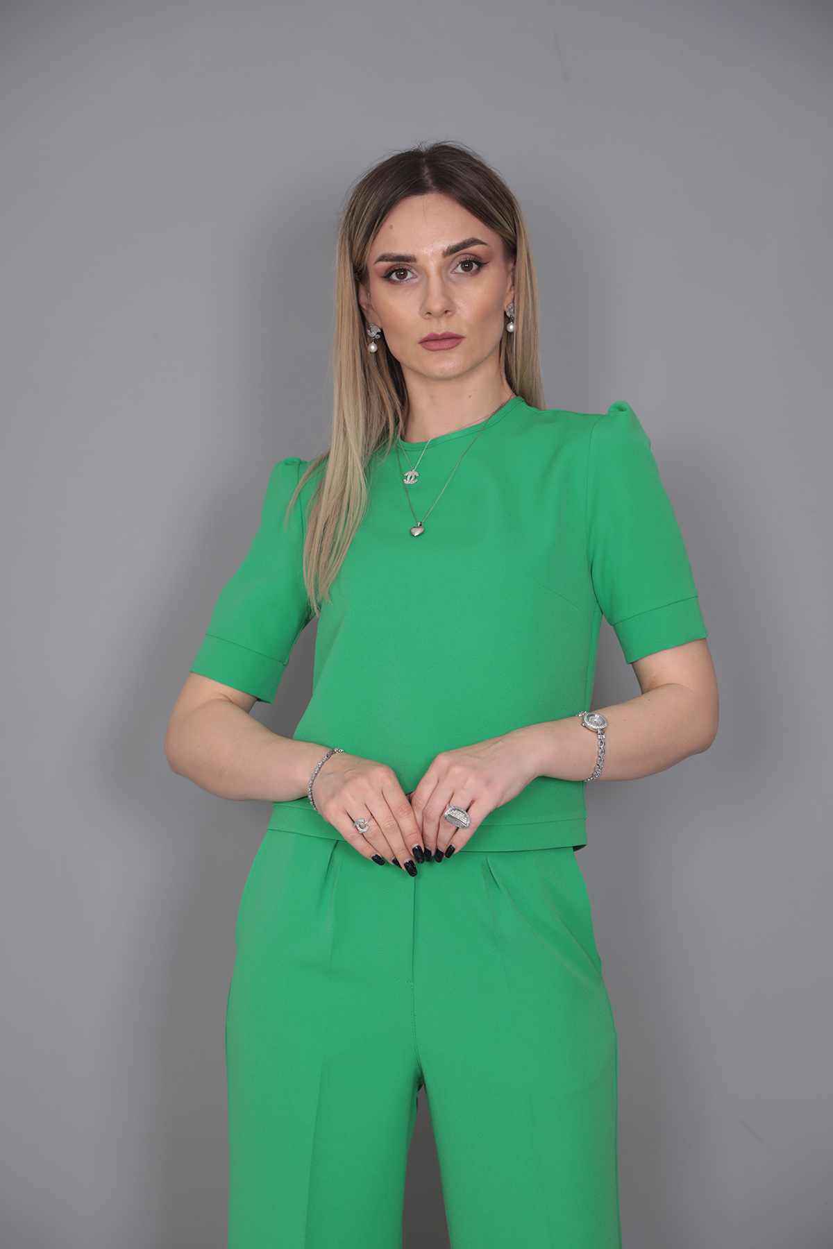 Kayık Yaka Kısa Kol Bluz-Yeşil - 3507100