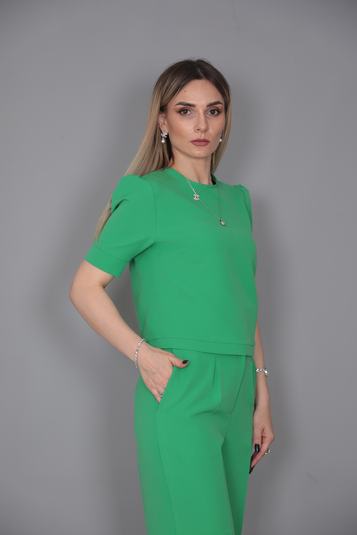 Kayık Yaka Kısa Kol Bluz-Yeşil - 3507100