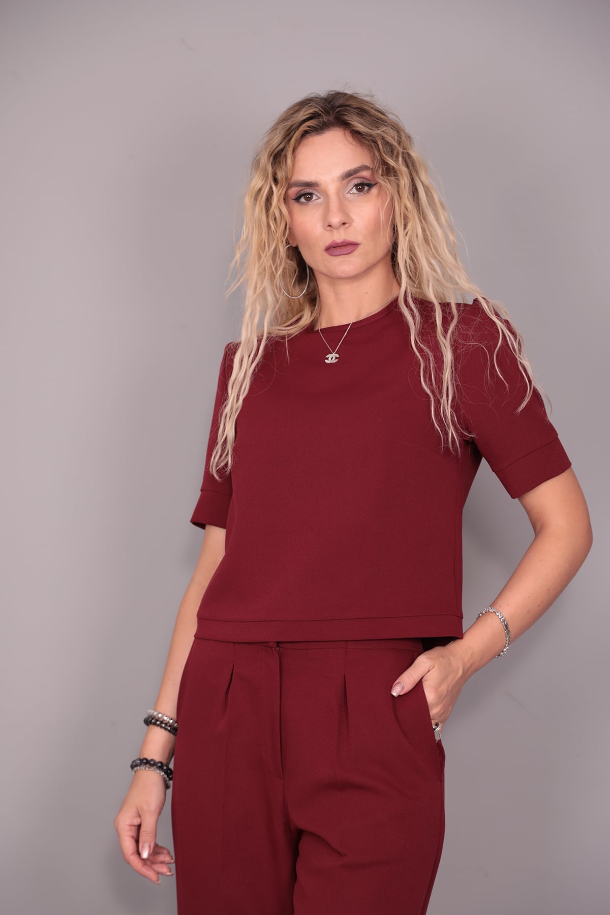 Kayık Yaka Kısa Kol Bluz-Bordo - 3507100