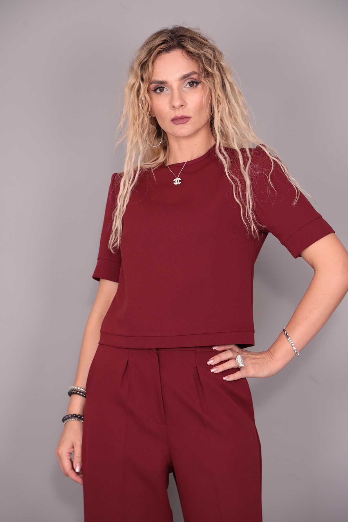 Kayık Yaka Kısa Kol Bluz-Bordo - 3507100