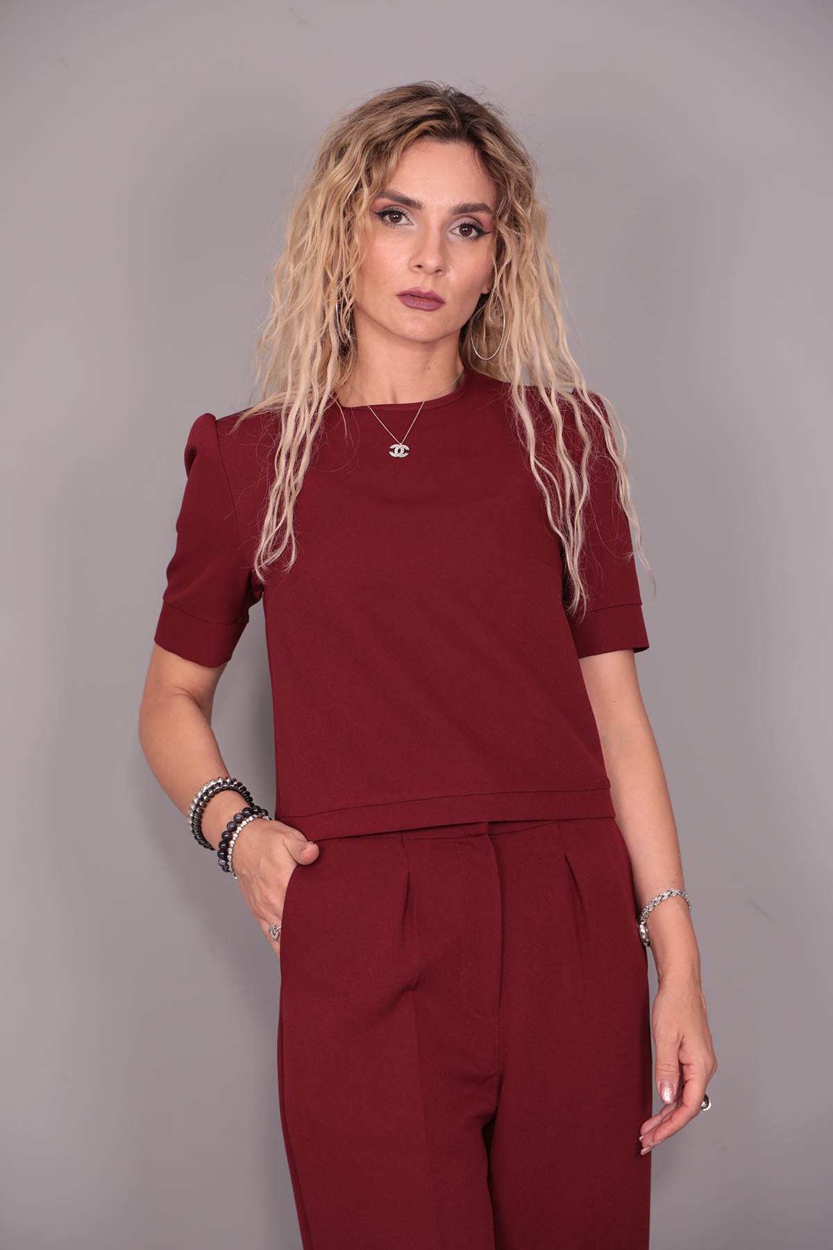 Kayık Yaka Kısa Kol Bluz-Bordo - 3507100