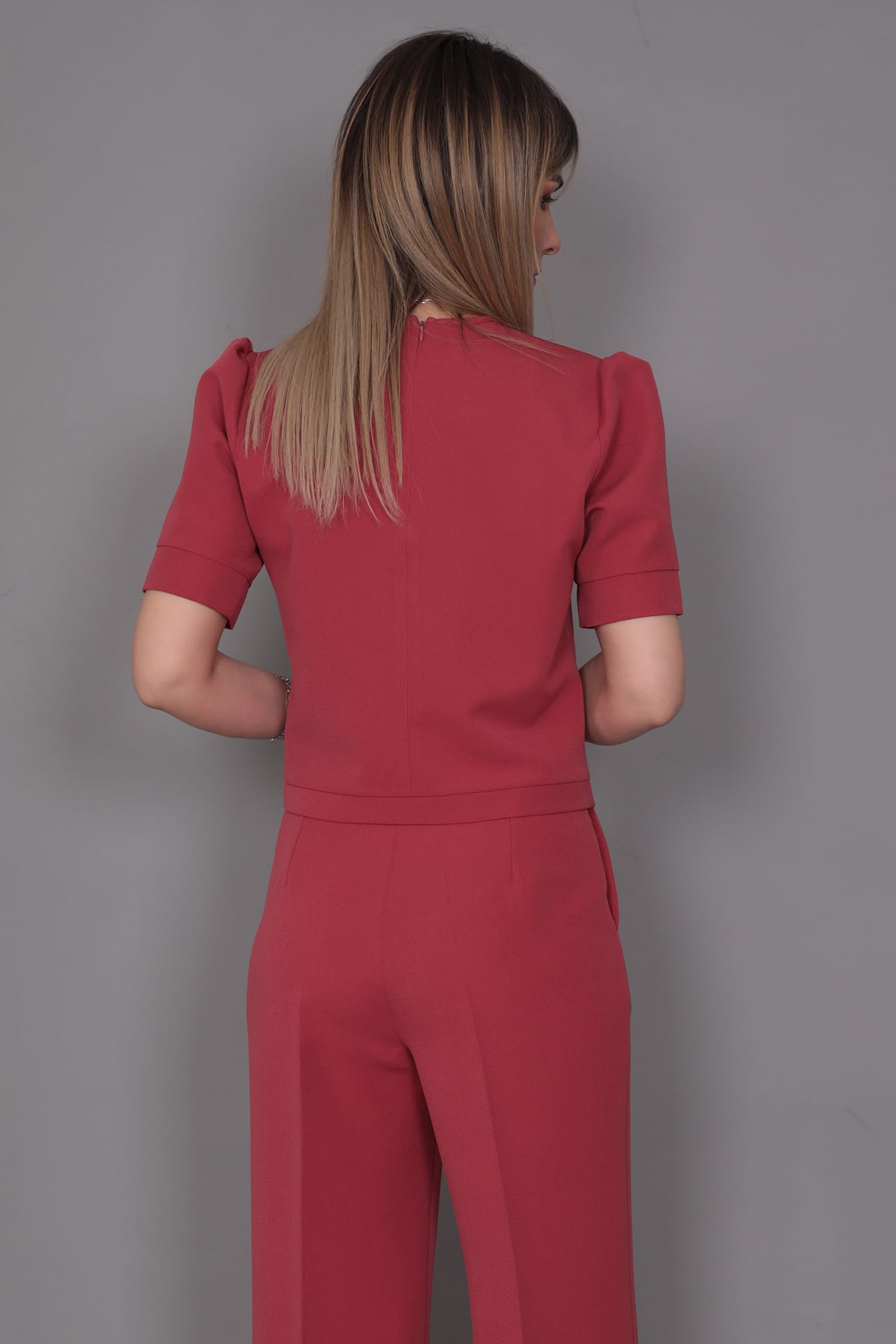 Kayık Yaka Kısa Kol Bluz-Kiremit - 3507100