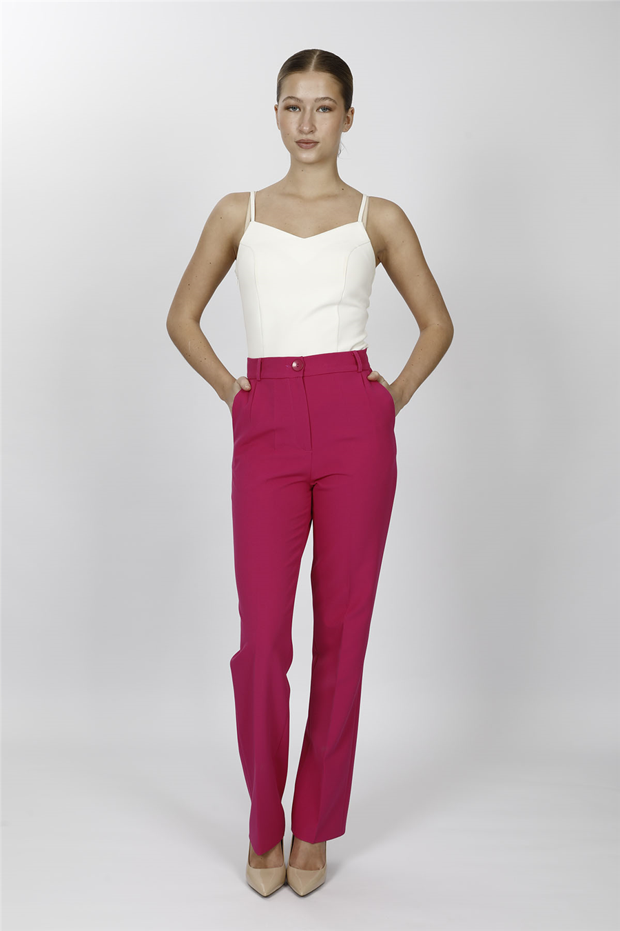 Kemerli Boru Paça Pantolon-Fuşya