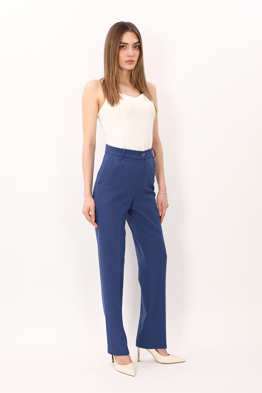 Kemerli Boru Paça Pantolon-İndigo - 5005100