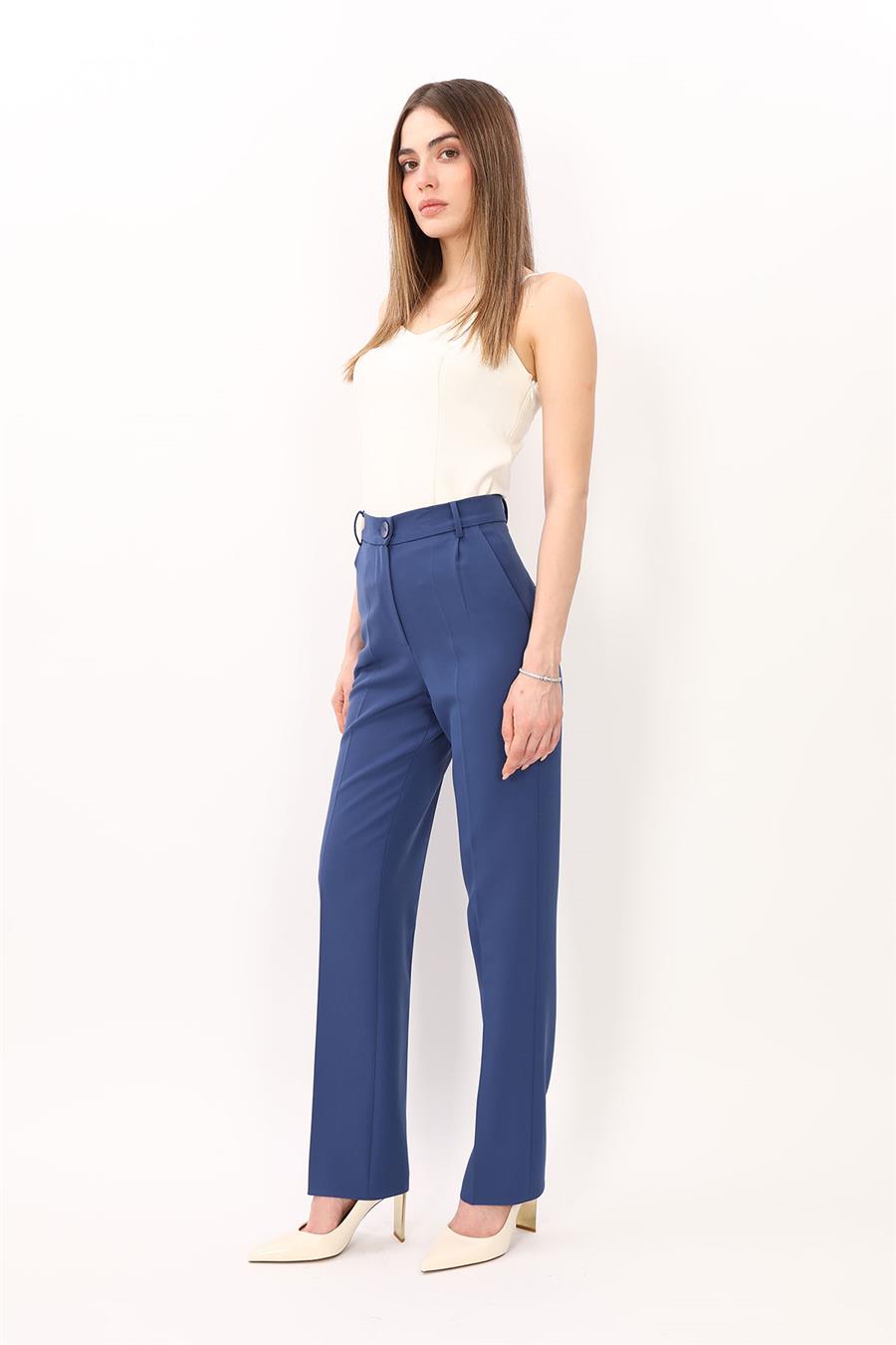 Kemerli Boru Paça Pantolon-İndigo - 5005100
