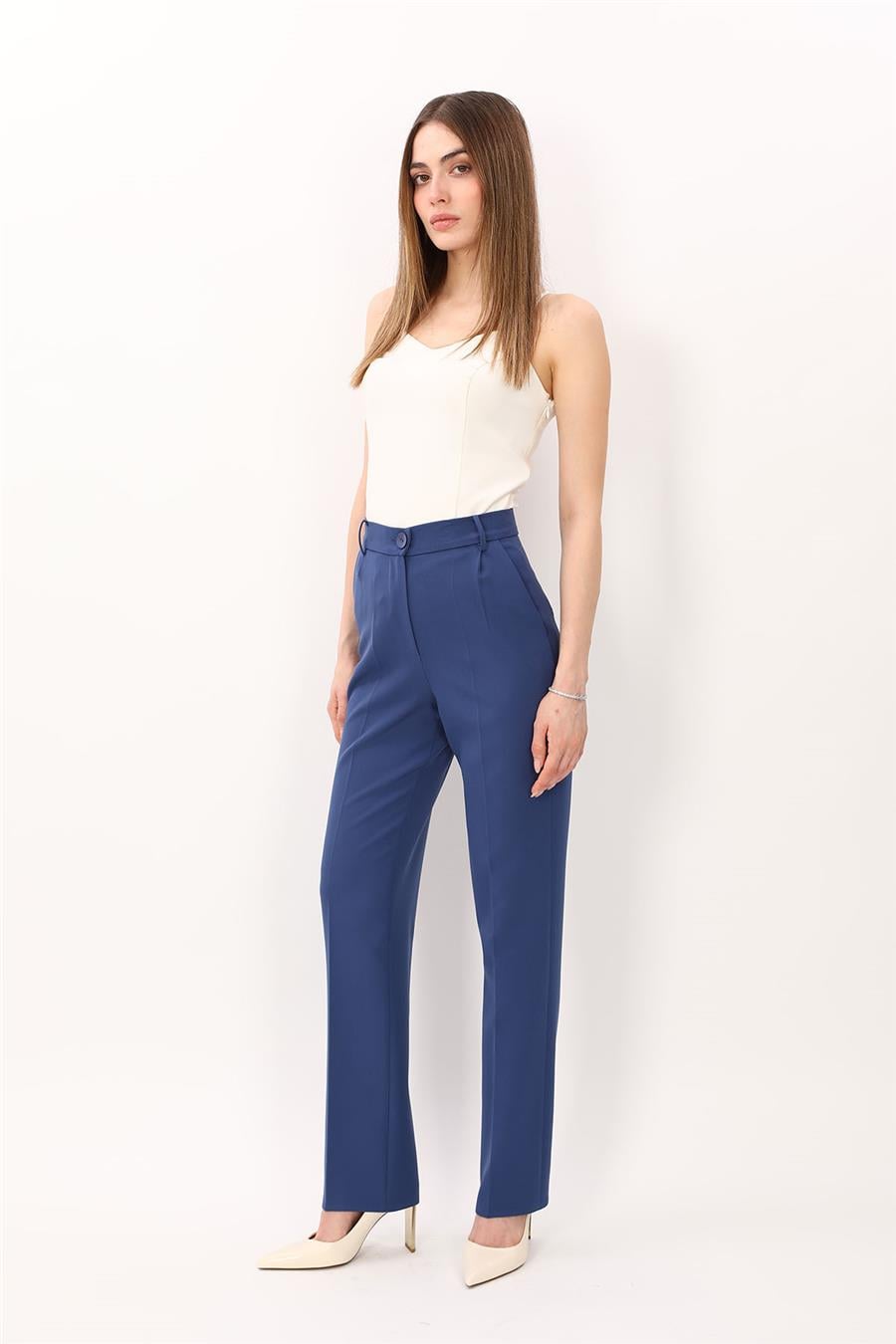 Kemerli Boru Paça Pantolon-İndigo - 5005100