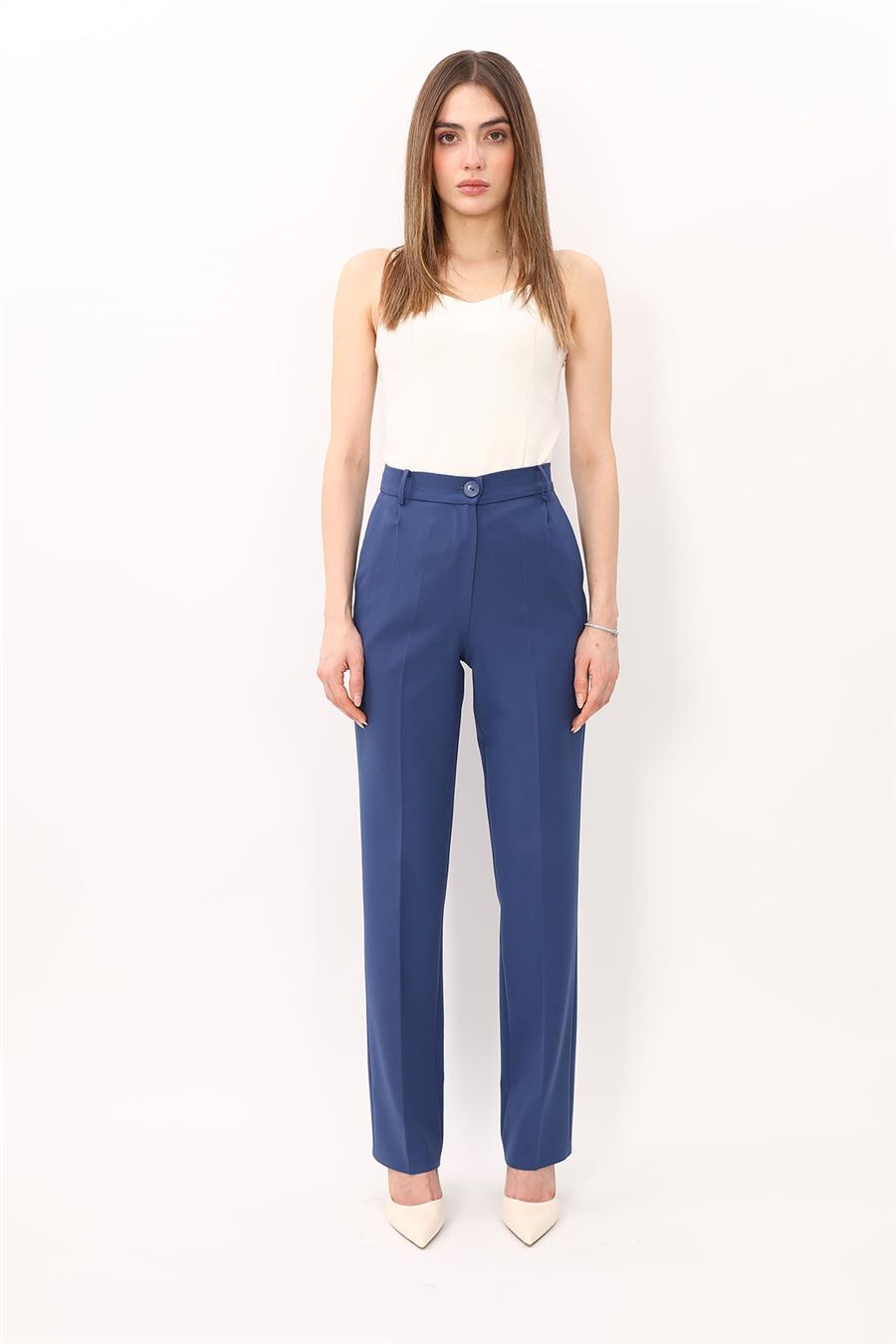 Kemerli Boru Paça Pantolon-İndigo - 5005100