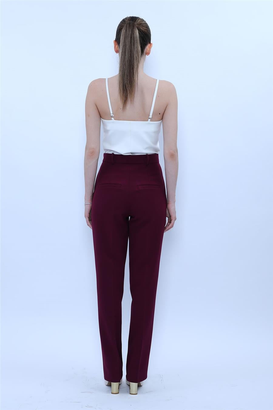 Kemerli Boru Paça Pantolon-Mürdüm