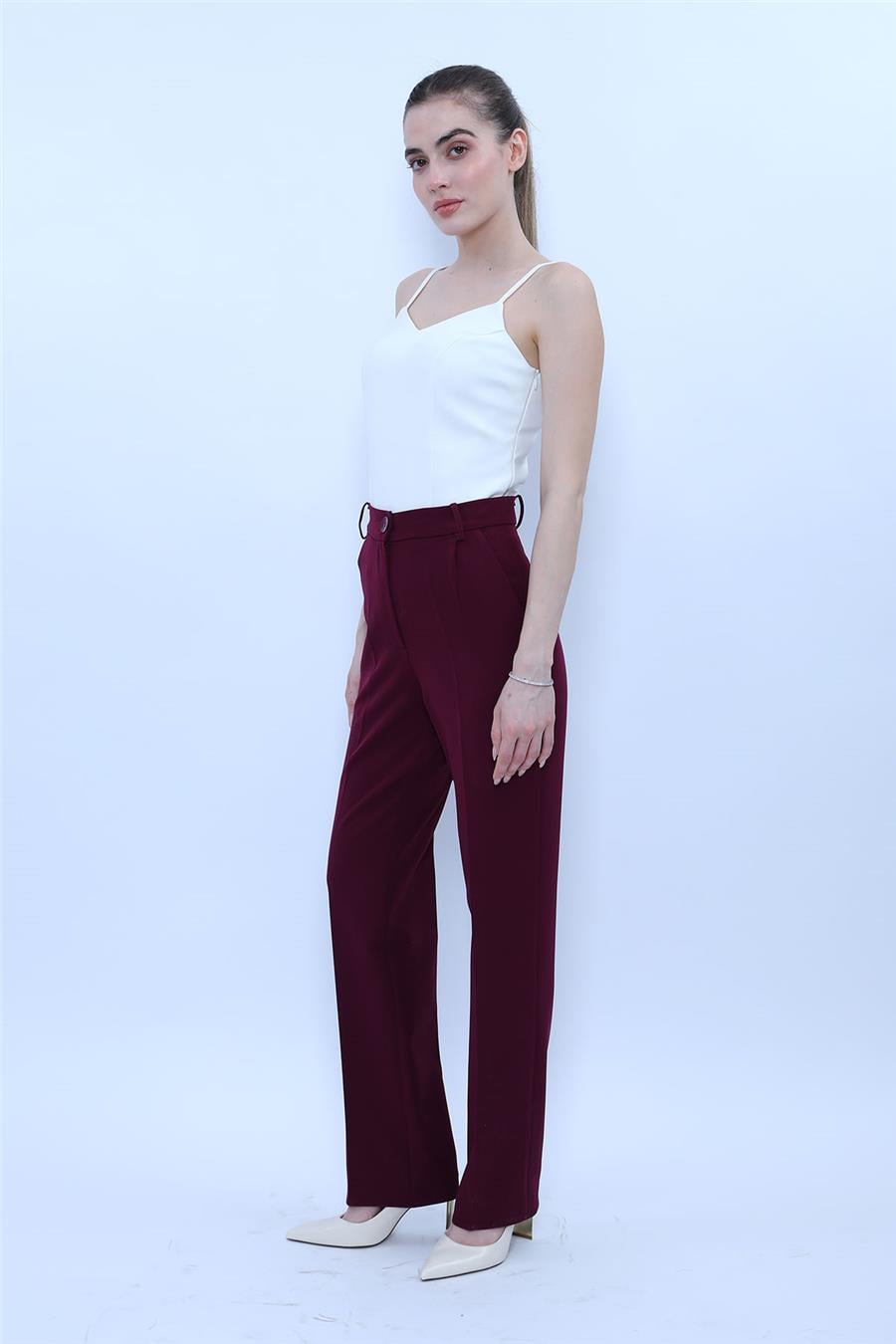 Kemerli Boru Paça Pantolon-Mürdüm