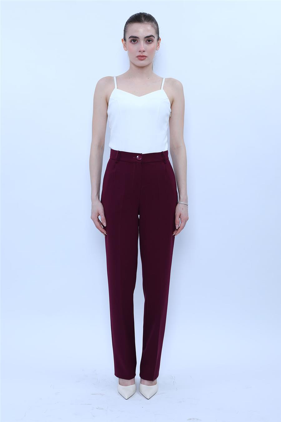 Kemerli Boru Paça Pantolon-Mürdüm