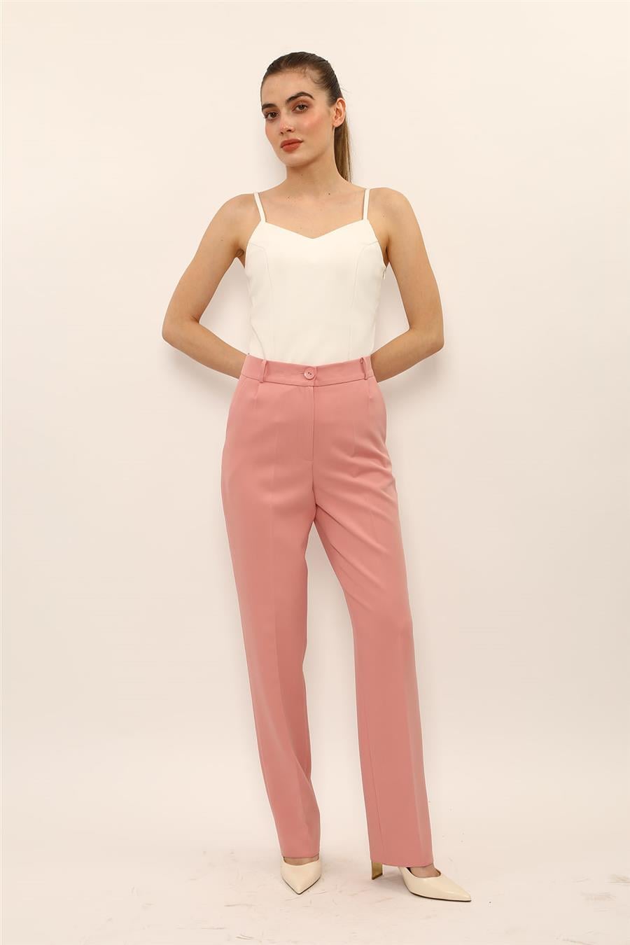 Kemerli Boru Paça Pantolon-Pudra