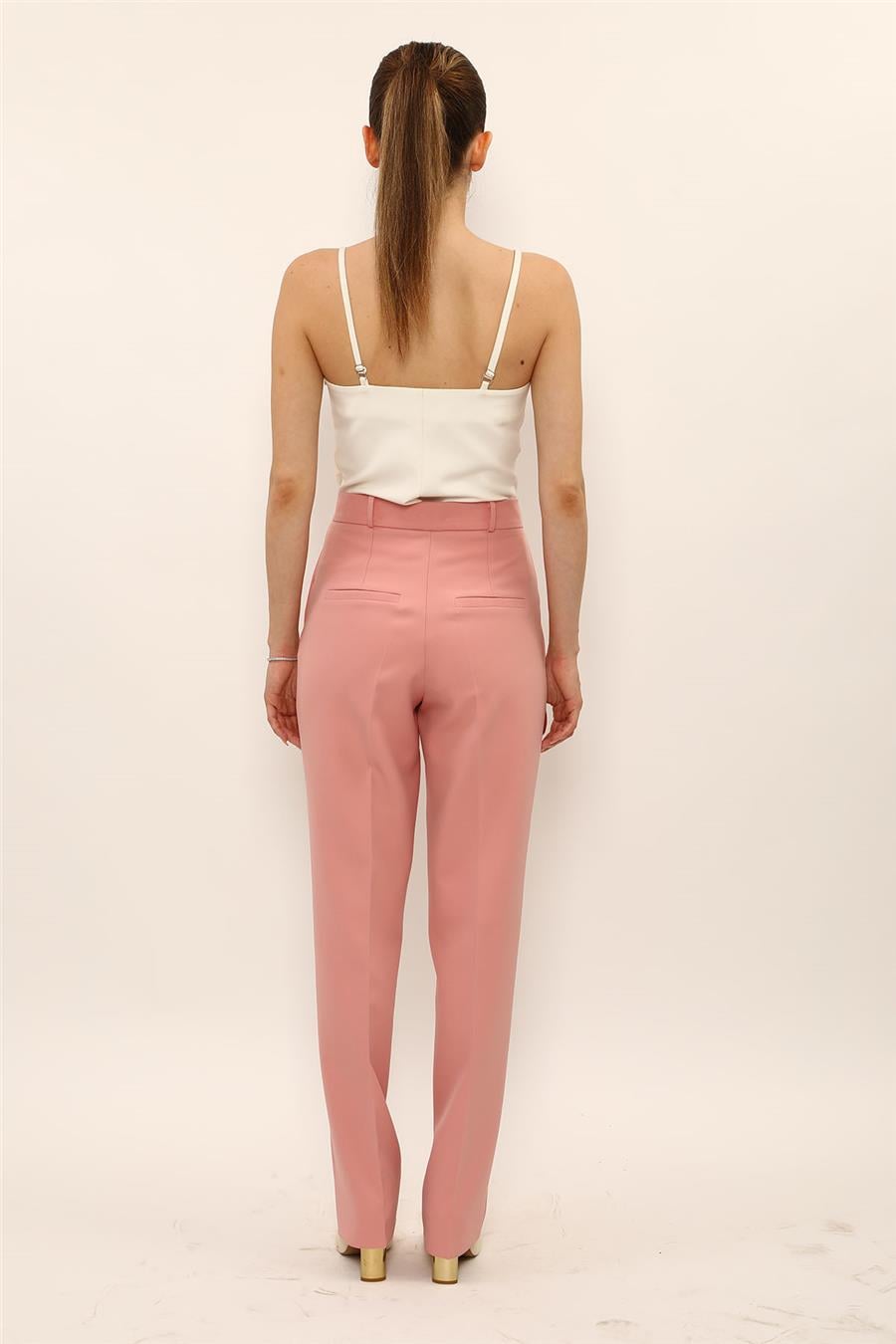 Kemerli Boru Paça Pantolon-Pudra