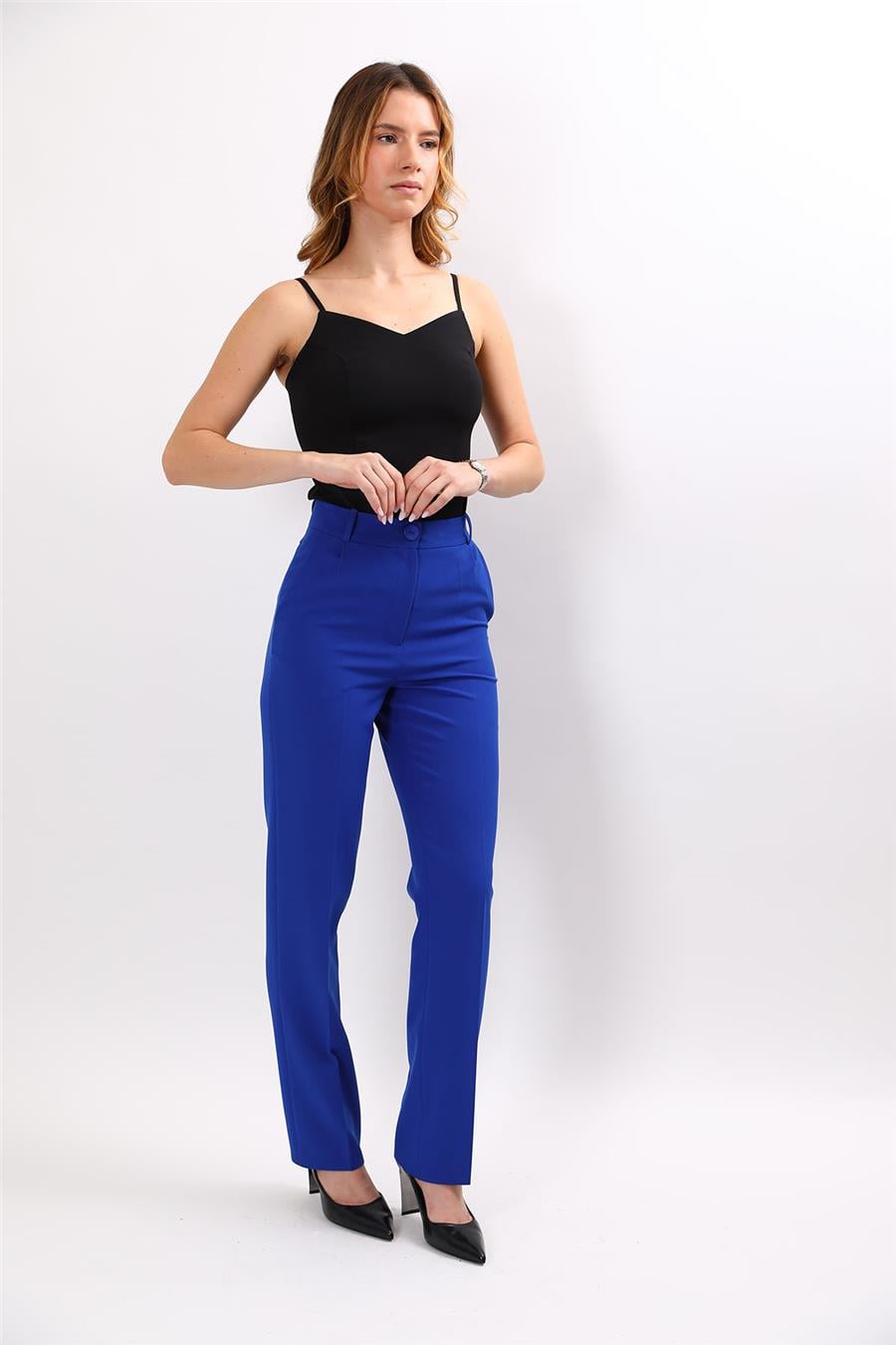 Kemerli Boru Paça Pantolon-Saks